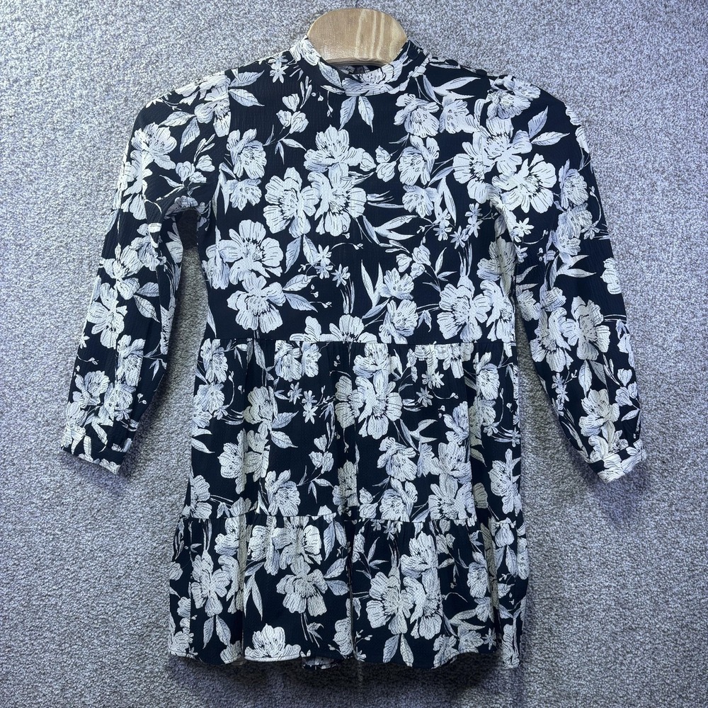 Zara Dress Womens Medium Black White Floral Long Sleeve Mock Neck Trapeze Swing